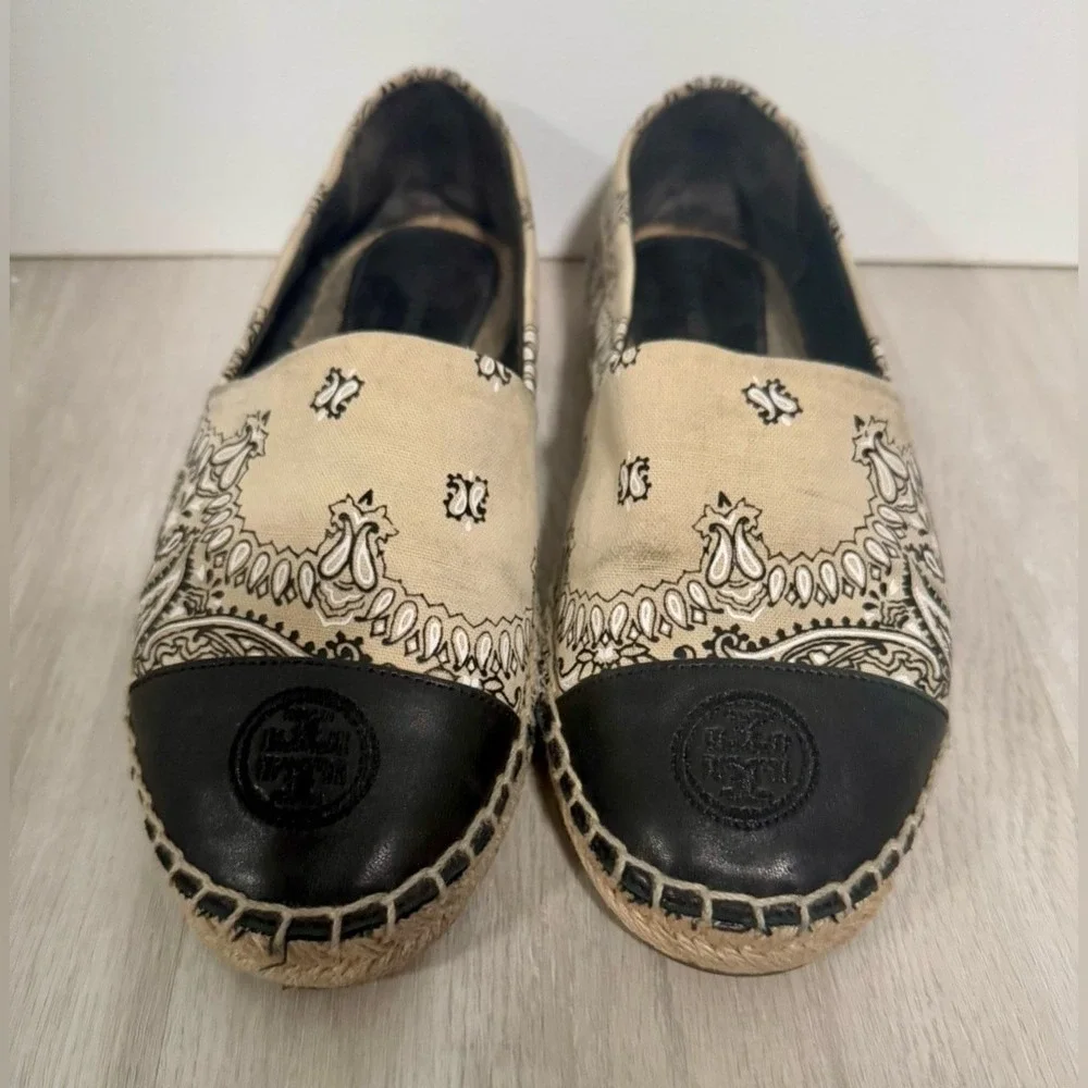 Tory Burch Womens Bandana Print Leather Espadrille Flats Tan Black Size 7.5